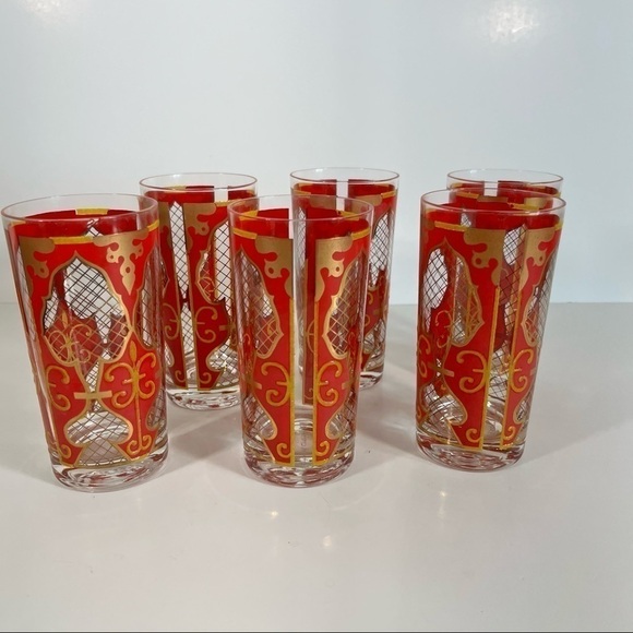 Vintage Mid Century Modern Red & Gold Capri Of California Drinking Glasses - Picture 1 of 10